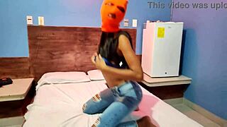 My brunette stepsister wants halloween celebration in hotel bed masked shaking body hips sexy then naked!