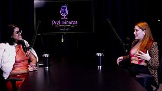 Gorgeous redhead strips naked and shows huge tits after interview by naked presenter Bia Hot - Natasha Fiore watch on Sheer Red.