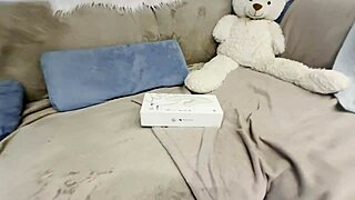 sandy unpacks and tests new toy for pussy fucking ending with cum on tummy