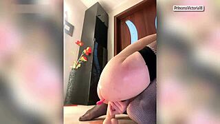 Red-Haired Bitch in Fishnet Stockings with a Vibrator in Her Ass Squirted Well