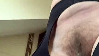 Hairy Milf Fetish Workout: Athletic European Brunette In Fishnets At Gym Showing Hairy Pussy