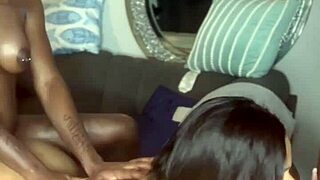 threeway with big pussy lips ebony in group creampie session, clothes ripped and dripping wet