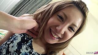 Slim japanese teen with small tits gets cum inside pov