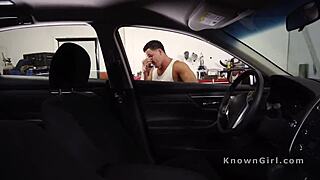 Ebony spinner bangs big cock in car shop?