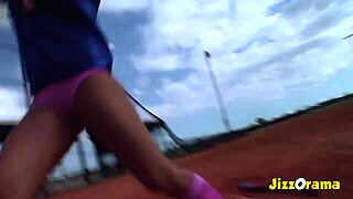 Blonde bombshell with big tits experiences intense emotions during hard fucking on court