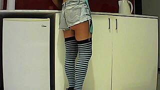 Latina brunette eats banana in kitchen then sucks big cock