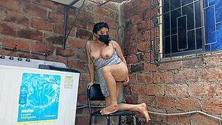 my slutty neighbor in the yard showing her pussy - under her dress