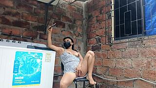 my slutty neighbor in the yard showing her pussy - under her dress