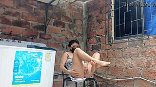 my slutty neighbor in the yard showing her pussy - under her dress