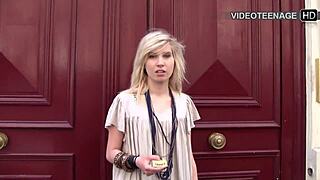 18-year-old blonde Vicky masturbates with dildo in her first porn casting interview.