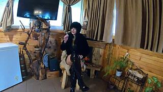 is milfycalla giving a deep blowjob in fur coat and shiny boots?