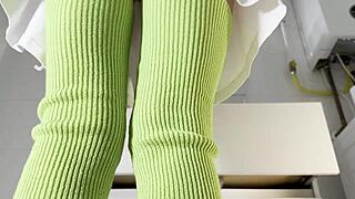 Hot Brunette College Girl With A Mini Tennis Skirt And Over Knee Socks In The Bathroom Shows Panties Under Her Short Skirt And Goes Also No Panties