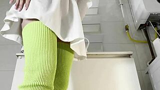 Hot Brunette College Girl With A Mini Tennis Skirt And Over Knee Socks In The Bathroom Shows Panties Under Her Short Skirt And Goes Also No Panties