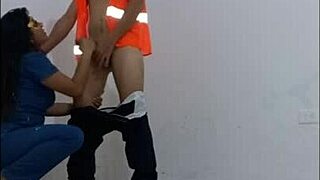 Hospital Cleaner Seduced By Nurse, Condoms On For Rough Office Fuck!