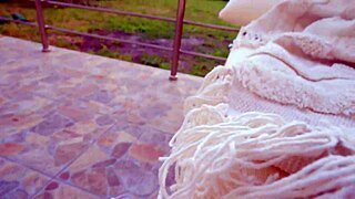 in the backyard, she risks a public swallow as neighbors might see any moment