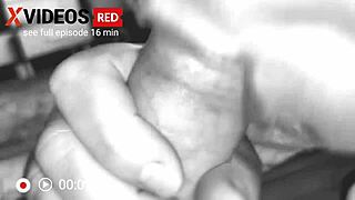 Housewife in housecoat gives blowjob on couch.