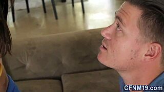 clothed amateur teen feels intense pleasure from big cock blowjob and handjob