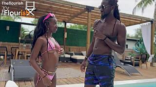 Tiny bombshell Kae the Brat faces big black cock in outdoor pool scene