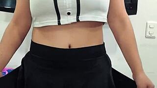 Horny cheerleader skips training to ride big cock and swallow cum