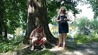 Two Girls Stop By Road And Pee Golden Rain Milf And Lady!