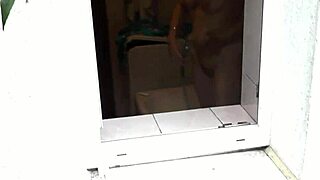 Naked wife showers outdoors, neighbor watches handjob and pussy