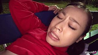 Older Japanese couple seduce skinny teen to outdoor ffm threesome 😏