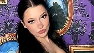 Pigtails goth girl strips bra in haunted house with music