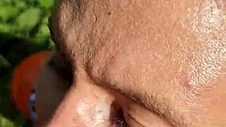 Fucked the wet girl's slobbery mouth in summer forest pov.