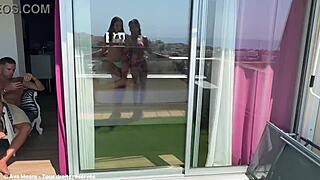 this trans double blowjob is hardcore foursome and double facial on the terrace 😈