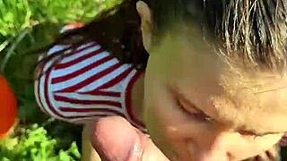 Fucked the wet girl's slobbery mouth in summer forest pov.