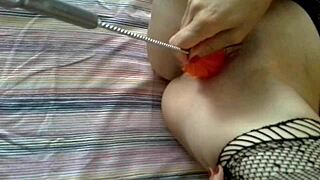 Whoa, extreme bottle brush insertion in pussy and ass