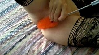 Whoa, extreme bottle brush insertion in pussy and ass