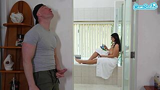 Huge boobs Latina catches roommate's boyfriend spying, so she confronts him.