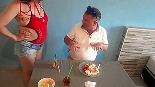 Naked Waitress Serves Guest in Restaurant