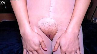 mature japanese wife in pantyhose rubbing cock on her hairy pussy