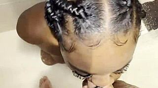 Thick ebony babe deepthroats monster cock then fucked rough in shower cumshot facial