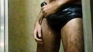 Skinny brazilian babe showers masturbates huge cock til massive orgasm cumshot