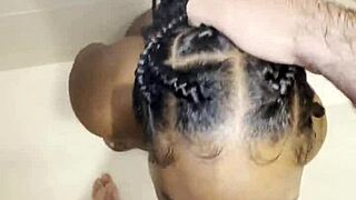 Thick ebony babe deepthroats monster cock then fucked rough in shower cumshot facial