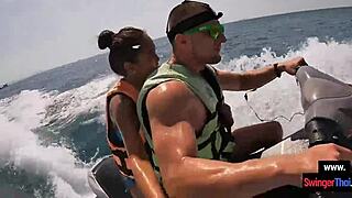 asian girlfriend drops to knees for public jetski blowjob on big cock