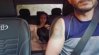 app driver picks up horny bisexual latina brunette couple from party for juicy pussy licking in car
