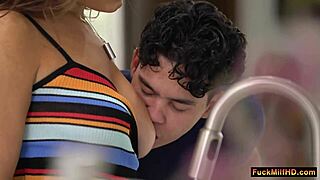 your naughty boyfriend sucks my big tits in kitchen while stepmom catches us then joins for wild threesome doggystyle creampie fun