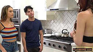 your naughty boyfriend sucks my big tits in kitchen while stepmom catches us then joins for wild threesome doggystyle creampie fun