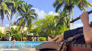 Petite latina Violeta Grey rides cock sucks toes delivers oily footjobs cum on feet