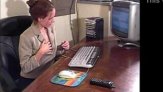 petite victoria's perky tits bounce free in stockings office strip