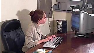 petite victoria's perky tits bounce free in stockings office strip