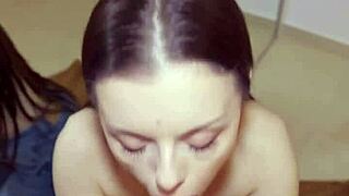 amateur brunette gives sloppy deepthroat blowjob mirror pov ends in facial cumshot