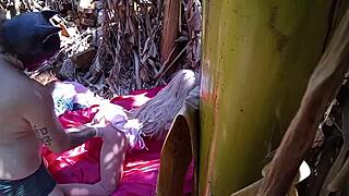 Redhead stepdaughter anal fucked with dildo sex toy outdoors