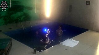 friends join bareback threesome in motel pool for wild cock sharing and orgasms