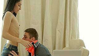 Beauty Wanks Dude's Aroused Willy Deep In Face Hole