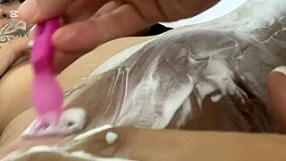 naughty latina stepmom asks stepson to shave her shaved pussy closeup